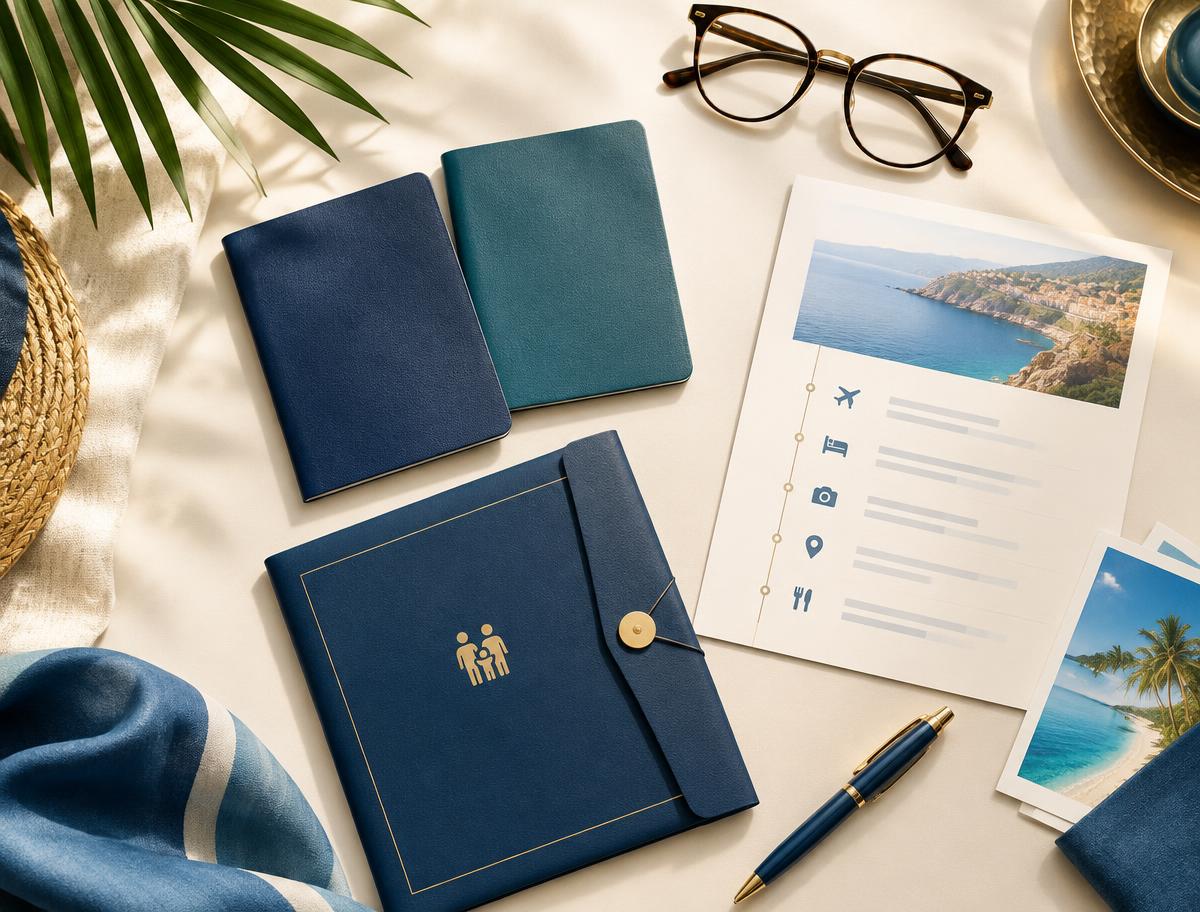 Generic family travel documents and passports arranged beside an itinerary