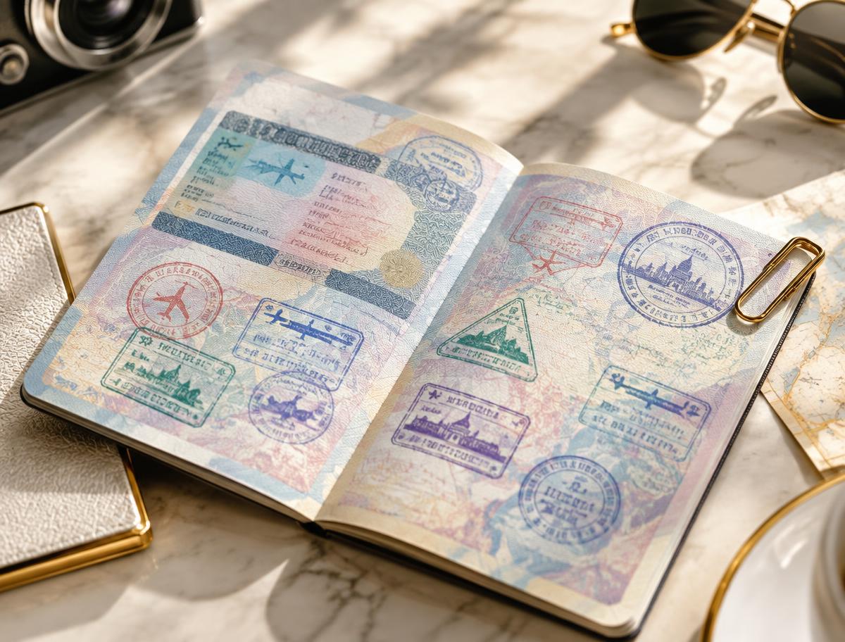 Illustrative generic visa pages and entry stamps with no personal information