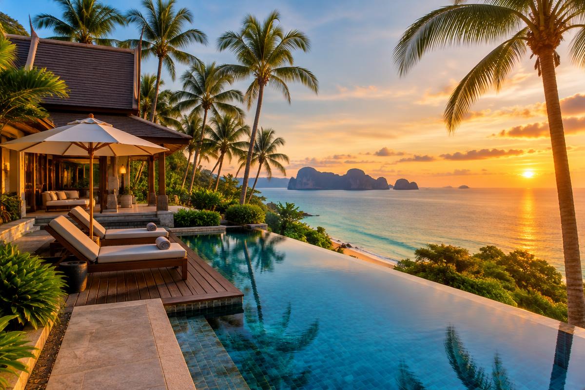 Arrival in Phuket: a luxury tropical resort framed by palms and ocean