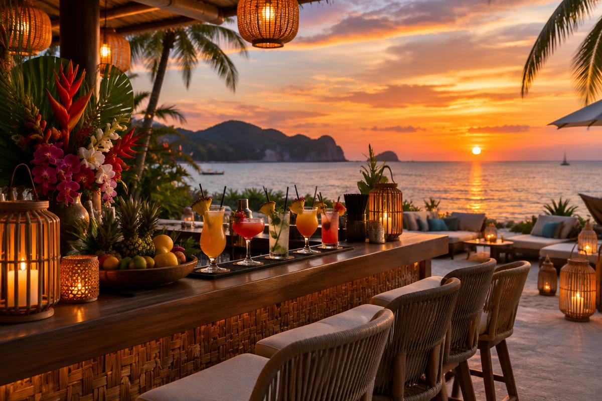 A premium Phuket beach club at golden hour overlooking the water