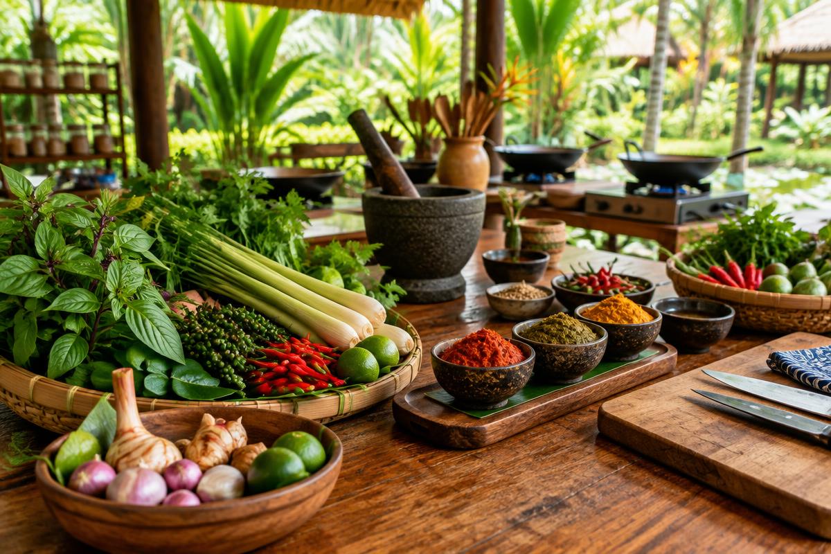 Fresh Thai herbs, chilies and market ingredients laid out for a cooking class