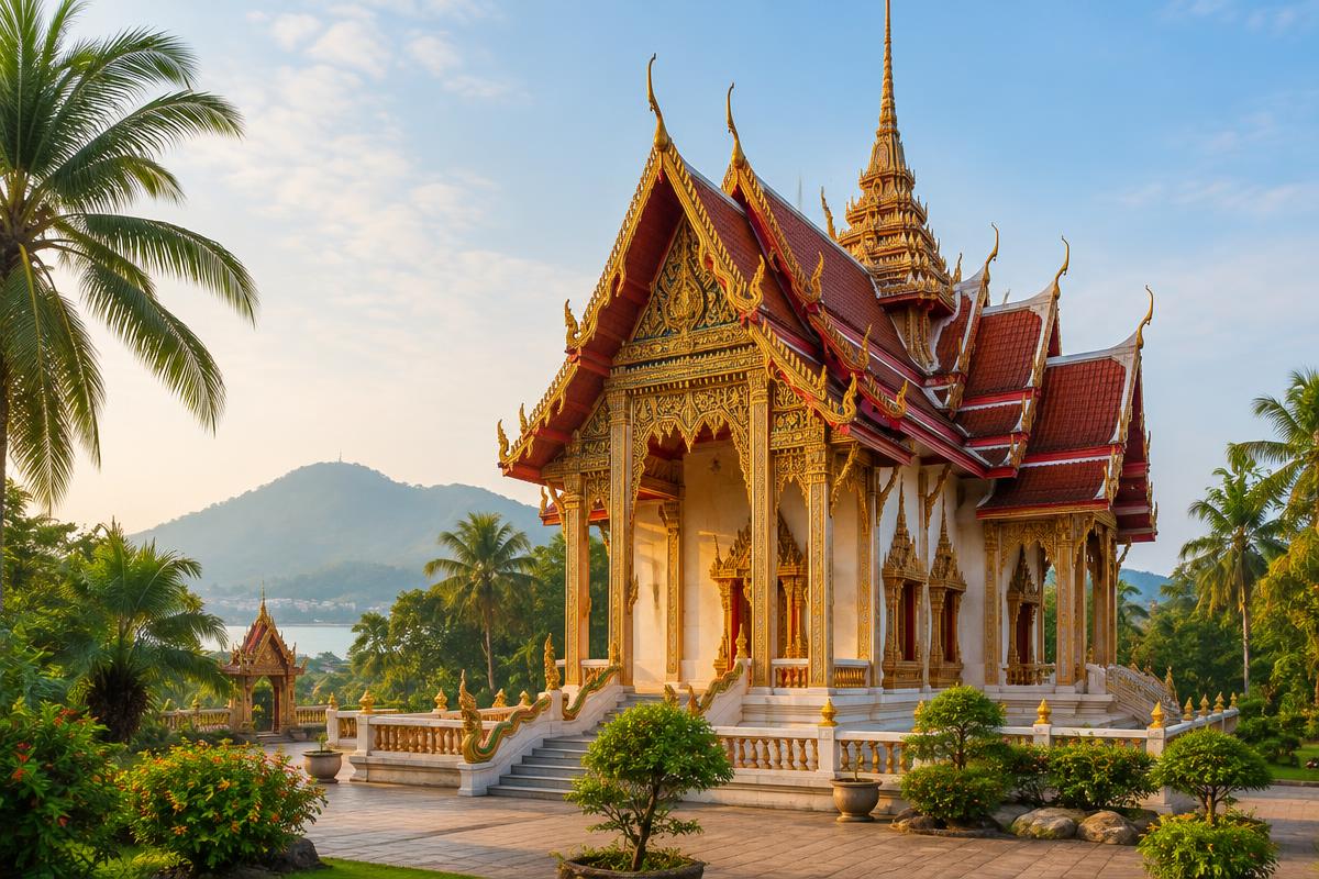 A golden Thai temple at sunset above the Phuket coastline