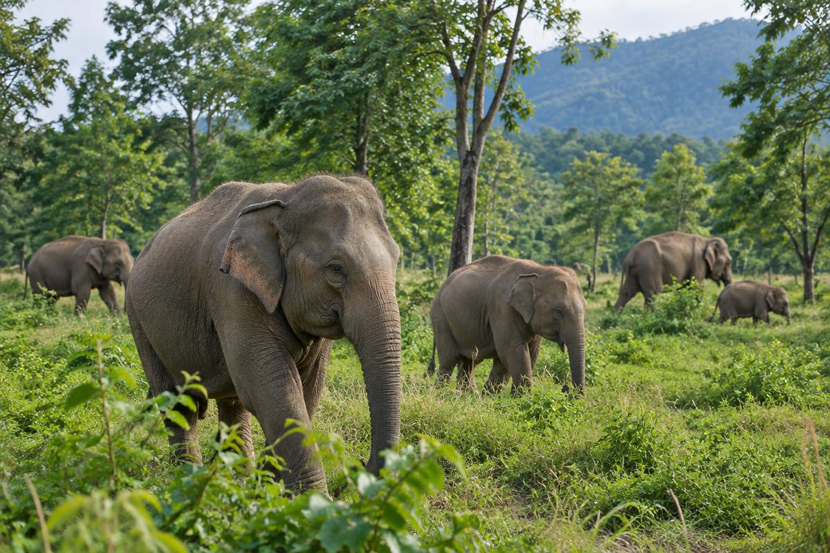Elephants roaming freely in a lush naturalistic sanctuary landscape