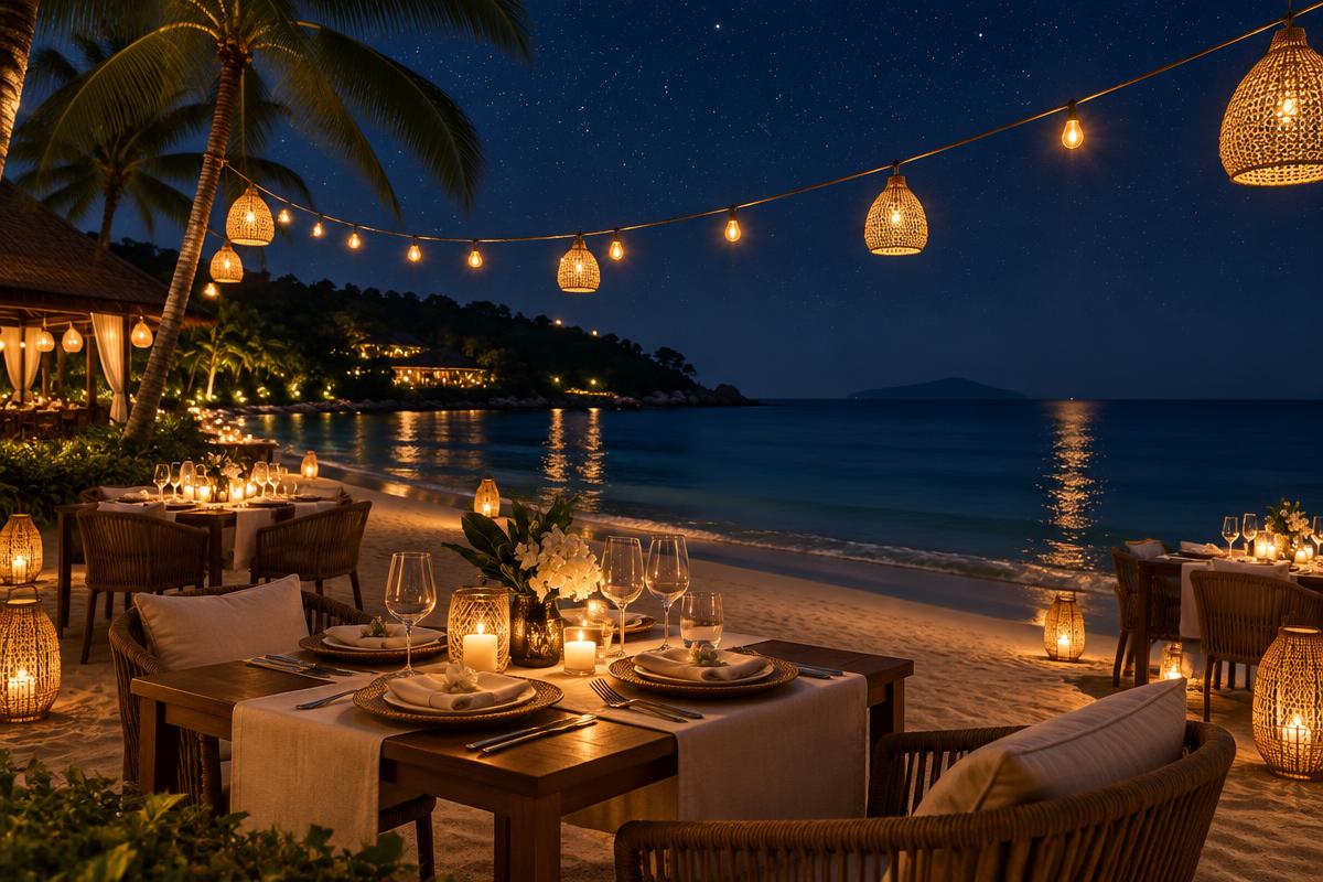 A candlelit farewell dinner table set on the beach in Phuket at night