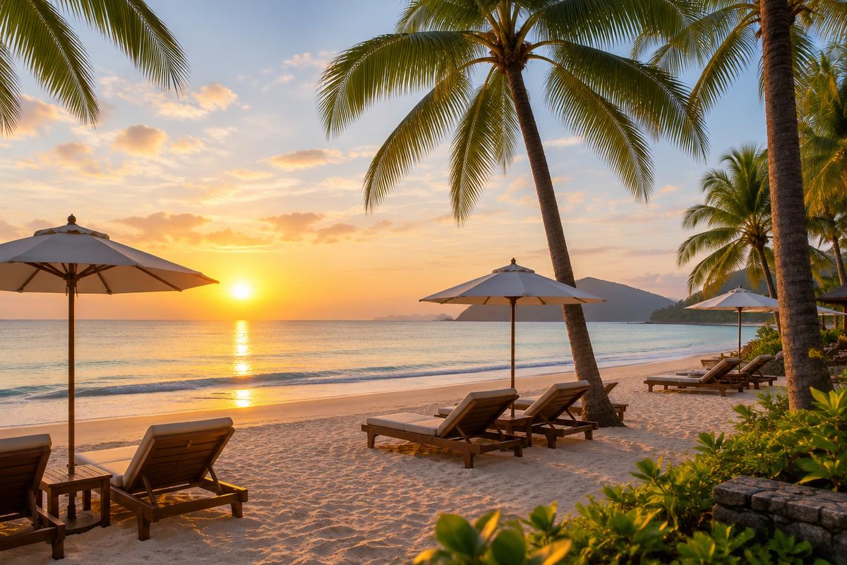 Departure morning in Phuket with luggage ready at a tropical resort entrance