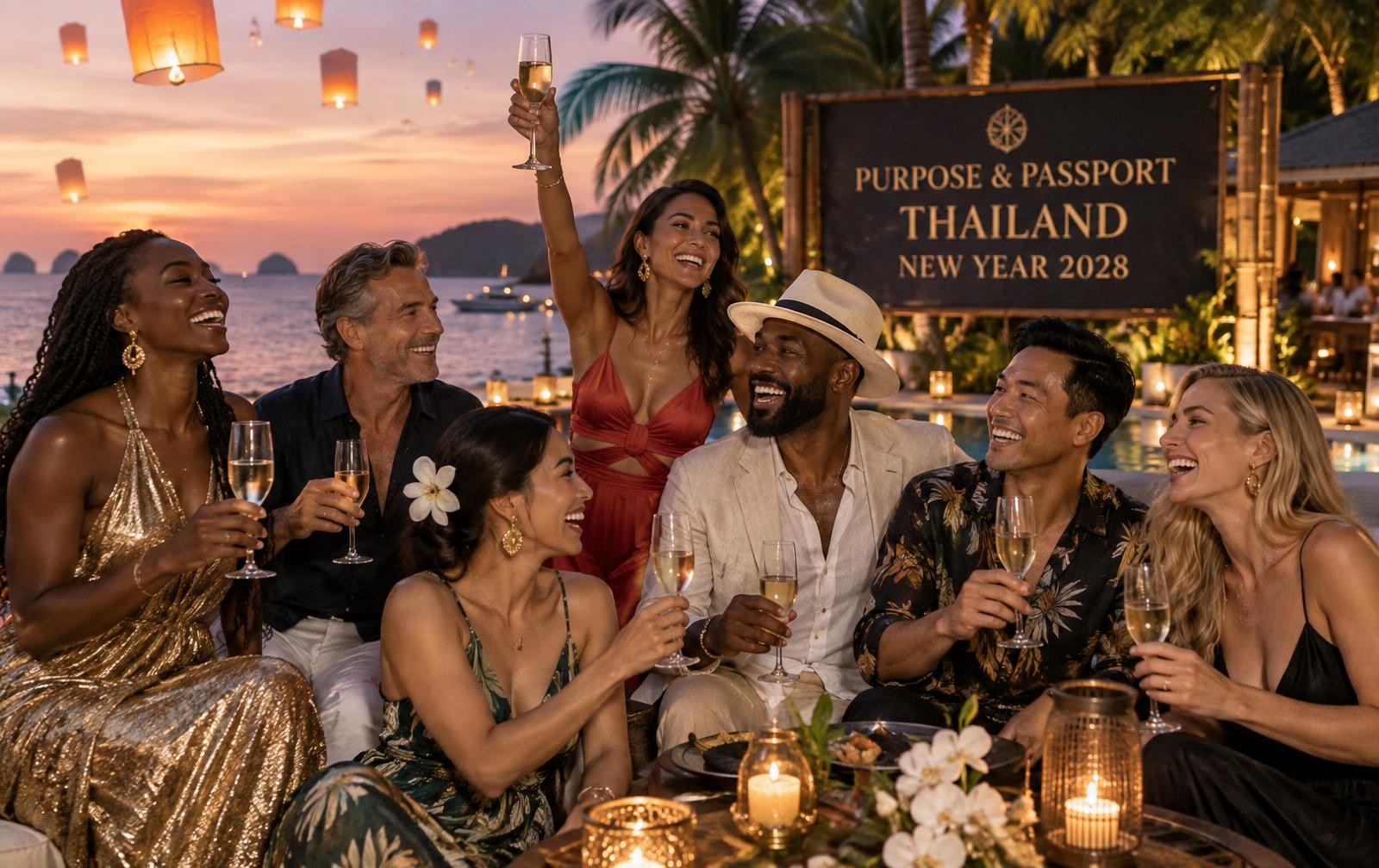 Purpose & Passport™ Thailand New Year 2028 campaign artwork: a joyful multicultural group of adult travelers on a premium Phuket beach